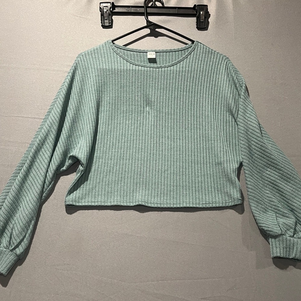 SHEIN Girls Sage Green Ribbed Knit Cropped Top Size 12Y Balloon Sleeve12